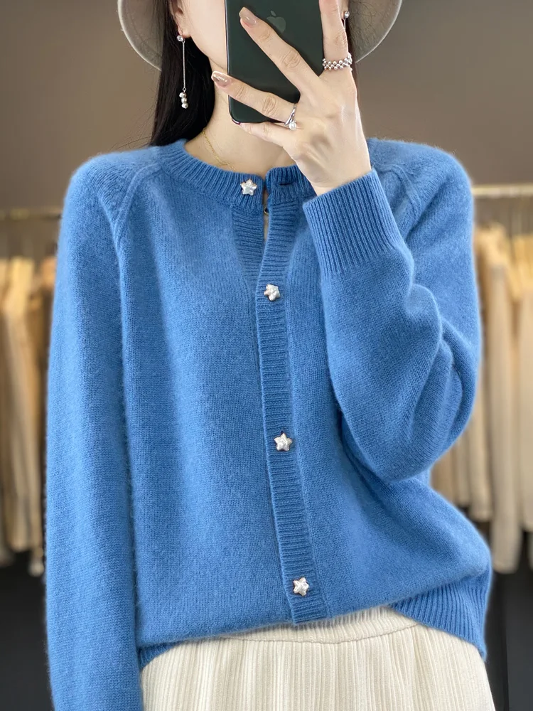 

Autumn Winter Women Cardigans 100% Merino Wool Sweater O-Neck Raglan Sleeve Thick Warm Cashmere Knitted Coat Korean Fashion Tops