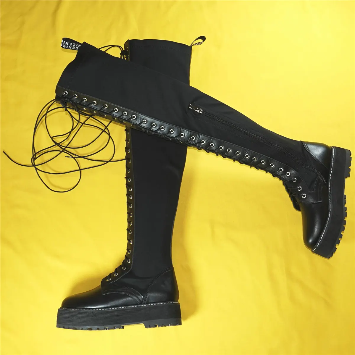 Black Fashion Sneakers Women Lace Up Stretch Fabric Over The Knee Thigh High Boots Female Round Toe Platform Pumps Casual Shoes