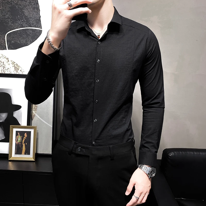 Solid Color Cotton Shirts Men Long Sleeve Slim Fit Business Casual Shirt Formal Social Party Streetwear Blouse Chemise Homme