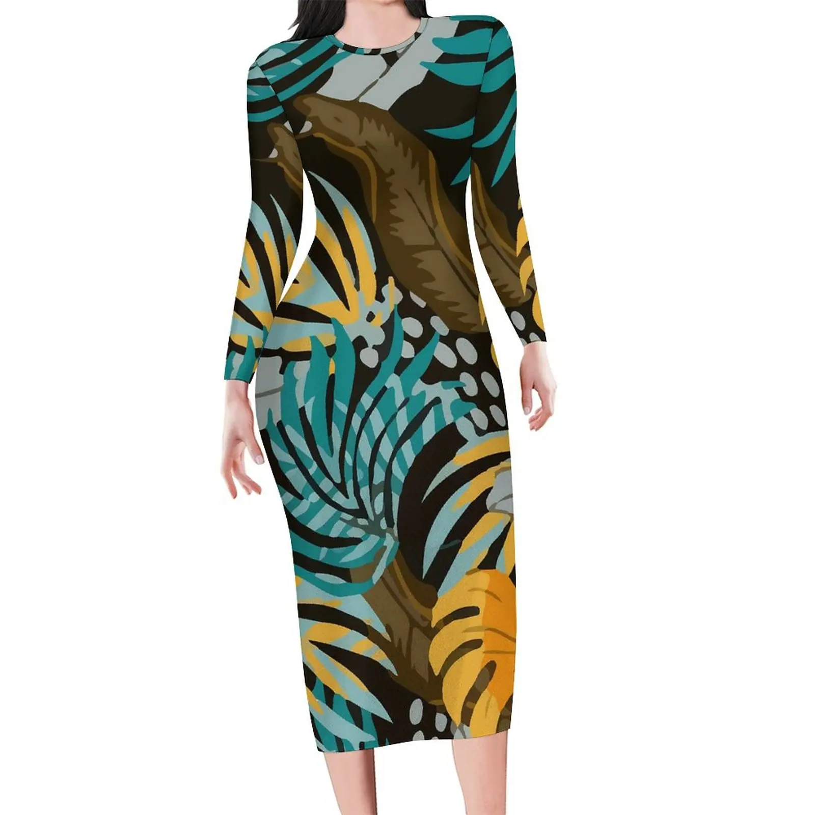 

Красивое платье с растениями, красивые платья с длинным рукавом и желтыми синими листьями, Осеннее женское облегающее платье в Корейском стиле с графическим рисунком, 4XL, 5XL