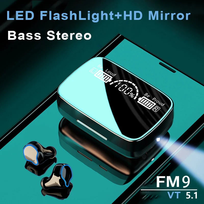 

Flashlight Tws Wireless Earbuds Bluetooth Earphones Bass Stereo Noise Reducing 2200mAh Powerbank Charger HD Mirror Headphones