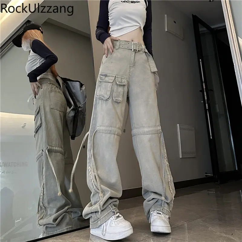 

Techwear Pocket Leg Lace-up Frill Tassel Jeans Denim Pant with Belt Trouser women boyfriend street harajuku y2k cargo grunge