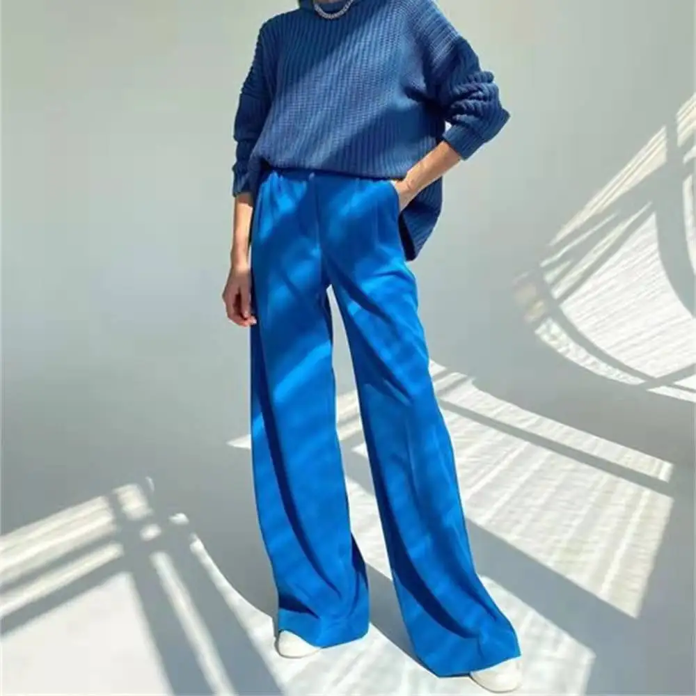 

Blue Office Women'S Pants 2021 Fashion Loose Full Length Ladies Trousers Casual High Waist Wide Pants For Women