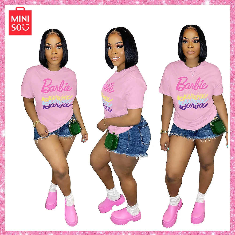 

Miniso Barbie Y2K Cartoon Printed Loose Comfortable Round Neck Short Sleeve T-Shirt Girls Birthday Gift Christmas Birthday Gift