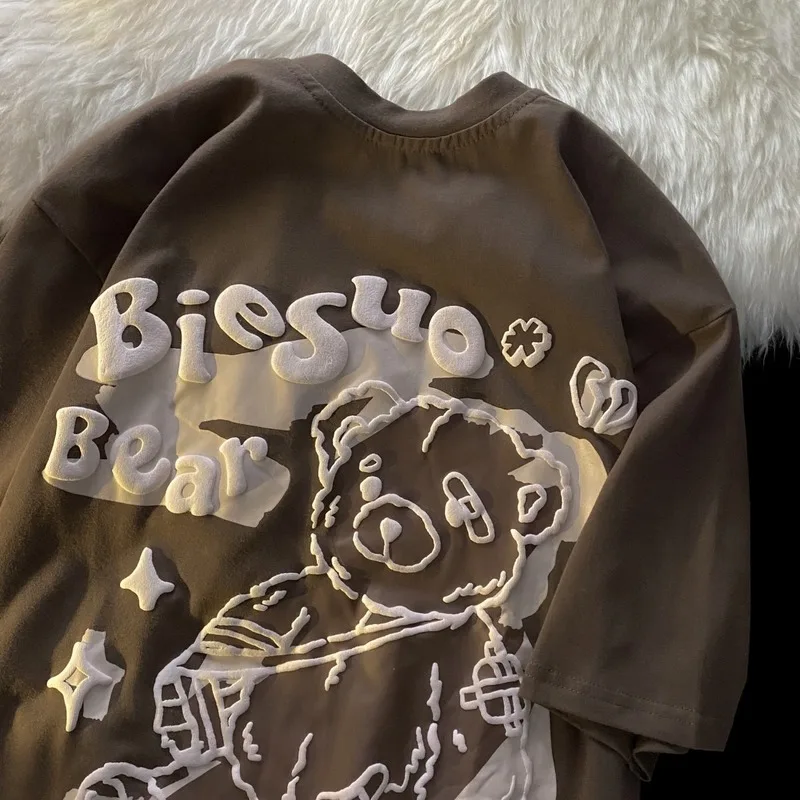 

Harajuku design sense bear letter print short-sleeved O-neck t-shirt women 2022 sweet and cute couple y2k top women fashion tops