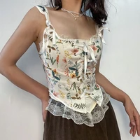 sexy vintage womens tank top floral print bandages lace patchwork tie up camisole girl irregular hem bustier corset girdle
