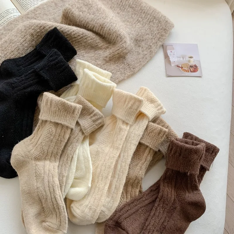 Simple Solid Color Wool Socks Set 5 Pairs for Women Casual Breathable Warm Black White Off White Diamond Girls Socks Female Gift