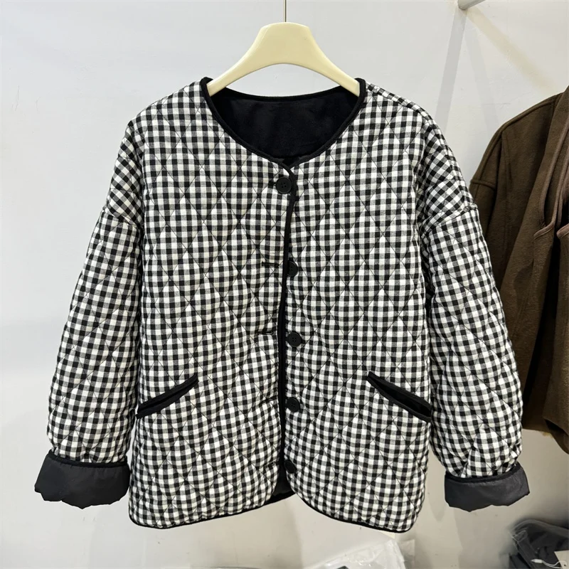 Зеленый клетчатый пуховик Four Seasons с круглым вырезом женская осень и зима 2024 новая