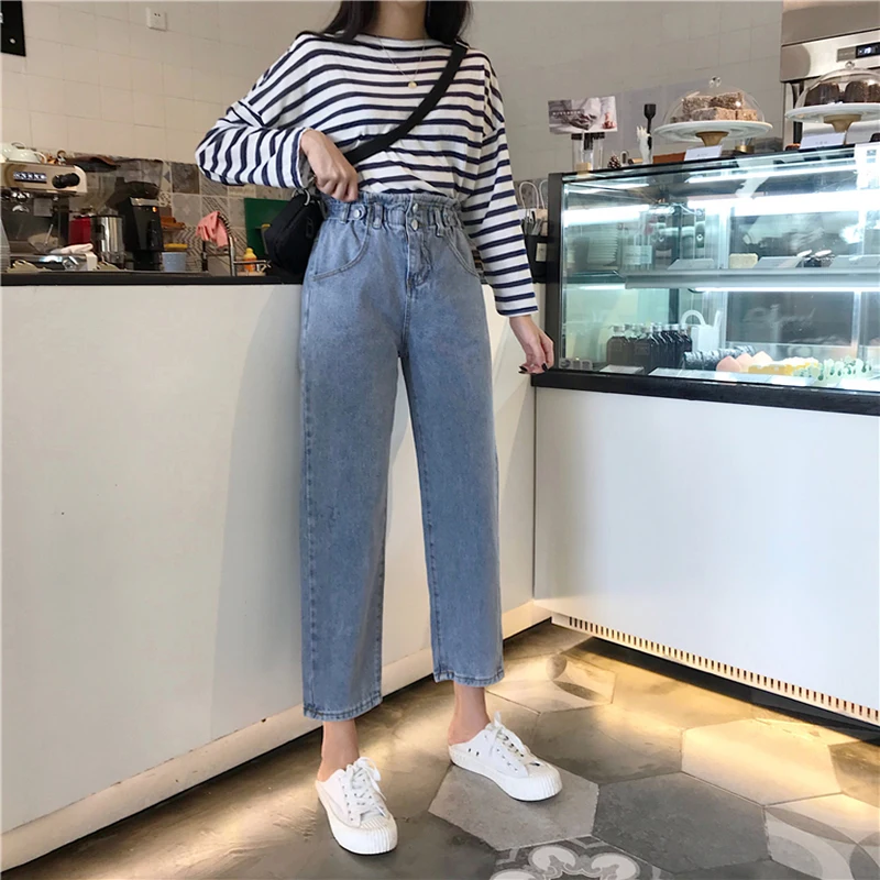 N0896   New Daddy Pants Straight High Waist Thin Light Color Nine Points Wide Leg Jeans Women's Pants