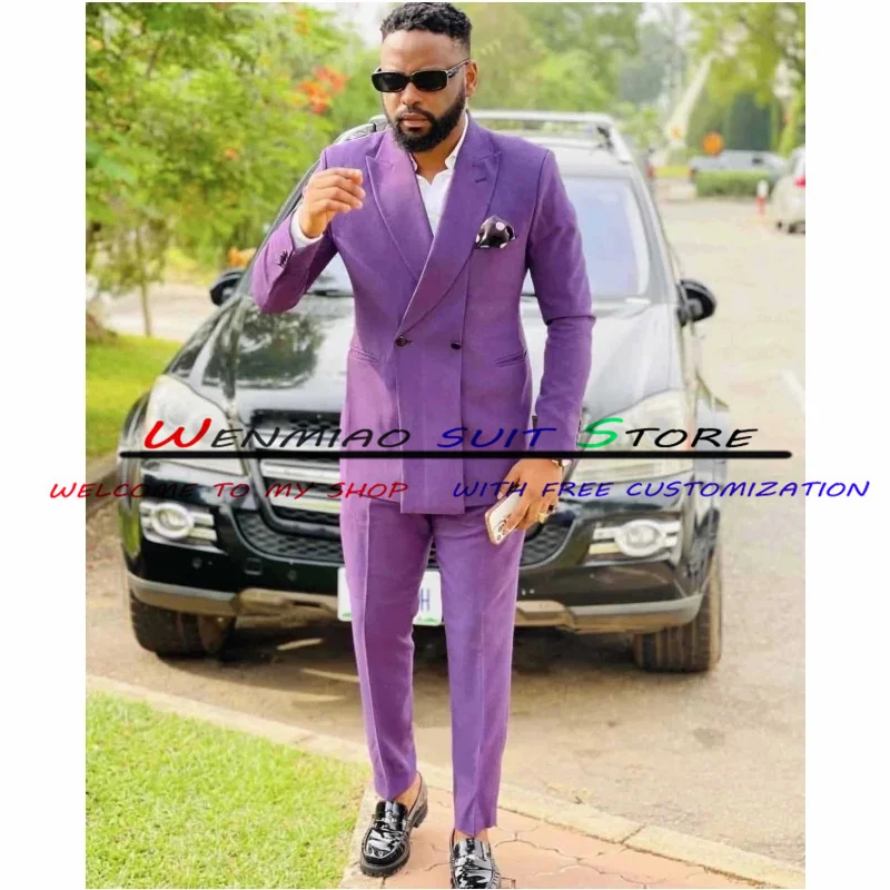 Purple Mens Suits Double Breasted Wedding Groom Tuxedo Slim Fit Casual Banquet Blazer 2 Piece Jacket Pants Costume Homme