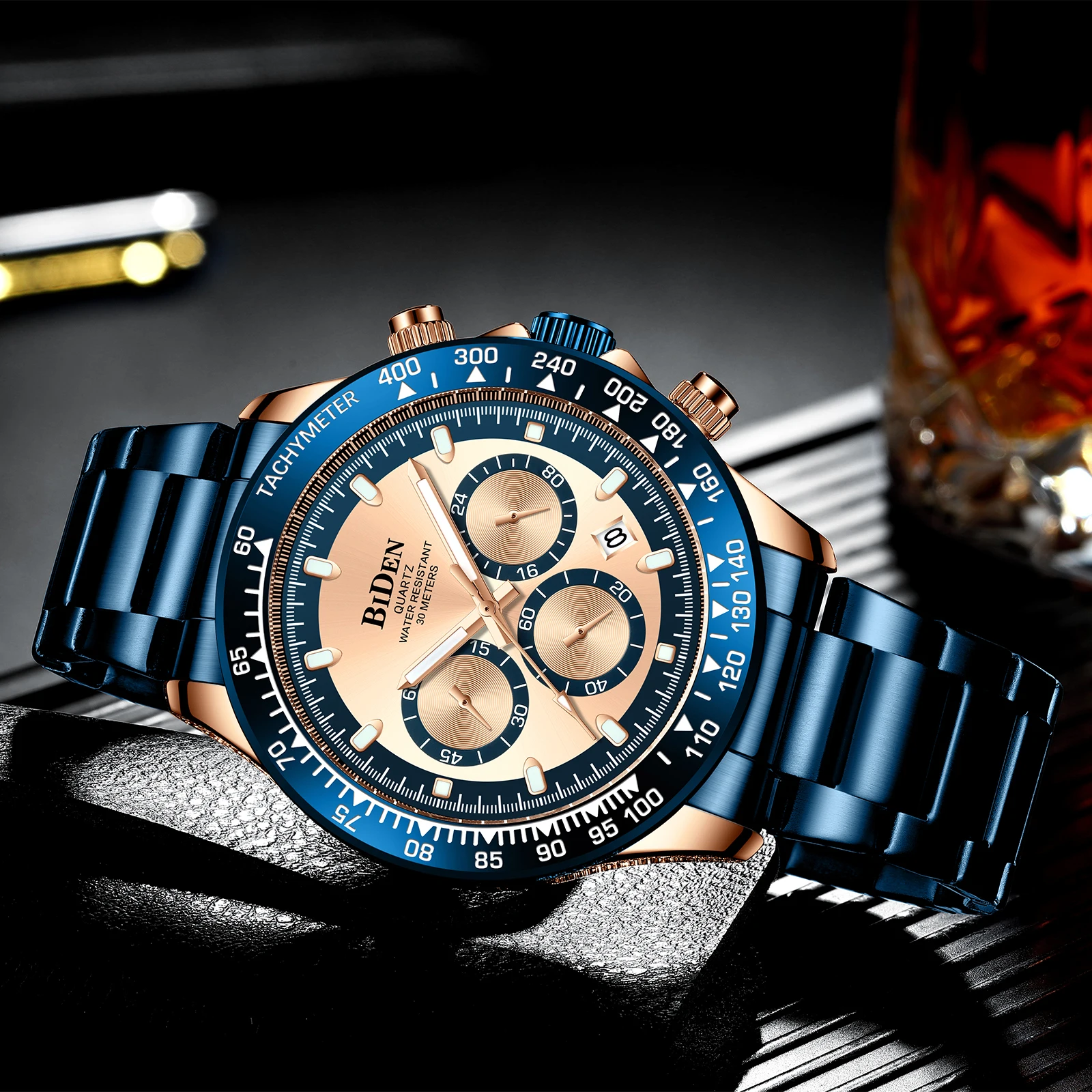

BIDEN 2023 New Mens Quartz Watches Top Brand Luxury Blue Watch Chronograph Sport Fashion Stainless Steel Waterproof Reloj Hombre