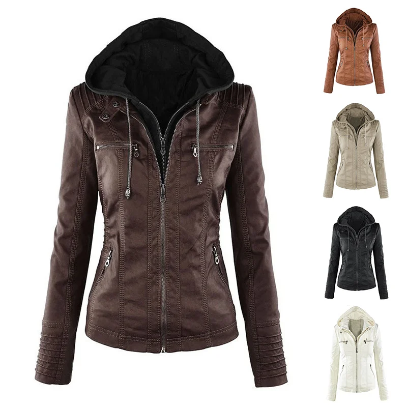 Winter Women's Hooded Slim Leather Jacket Coat Women