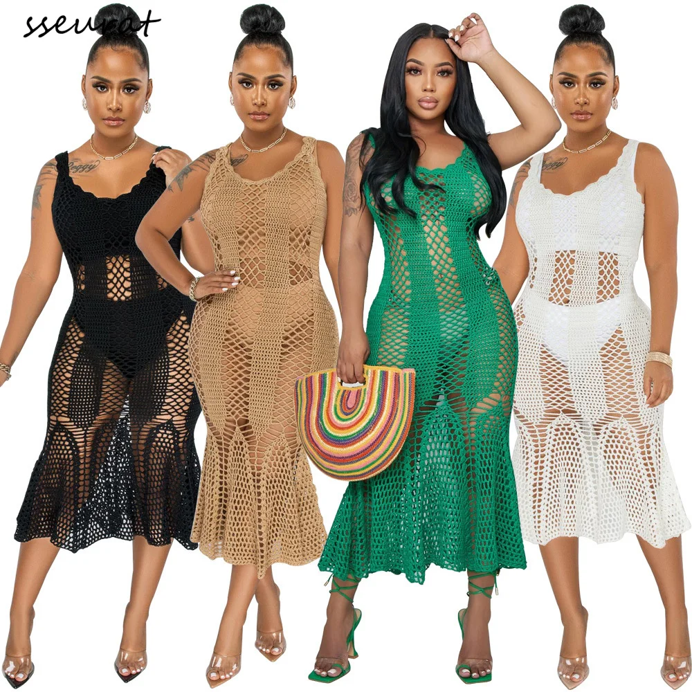 

SSEURAT Knit Ribbed Crochet Hollow Out Sleeveless Bodycon Midi Mermaid Dress for Women 2022 Summer Party Beach Dresses