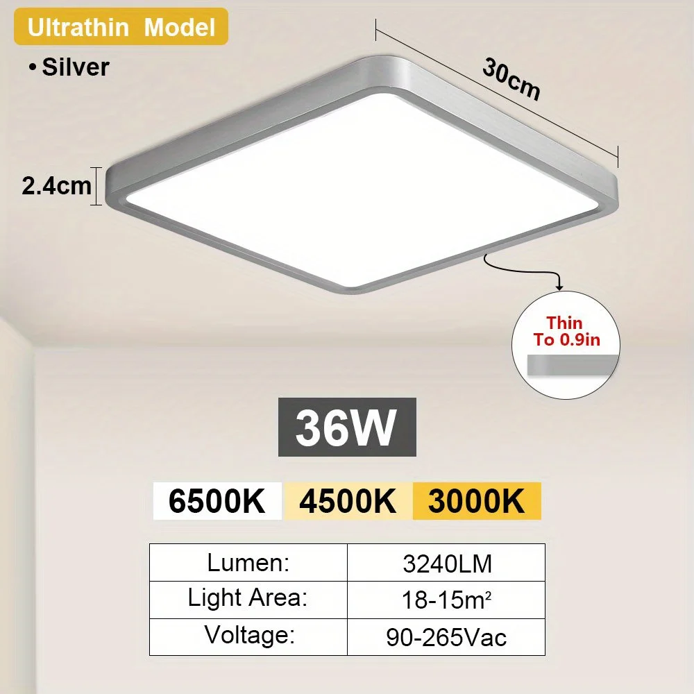 

Ультратонкий потолочный светильник, 0,9 дюйма, 36 Вт, квадратный светодиодный потолочный светильник CCT, потолочное освещение для спальни, гостиной, кухни, дома