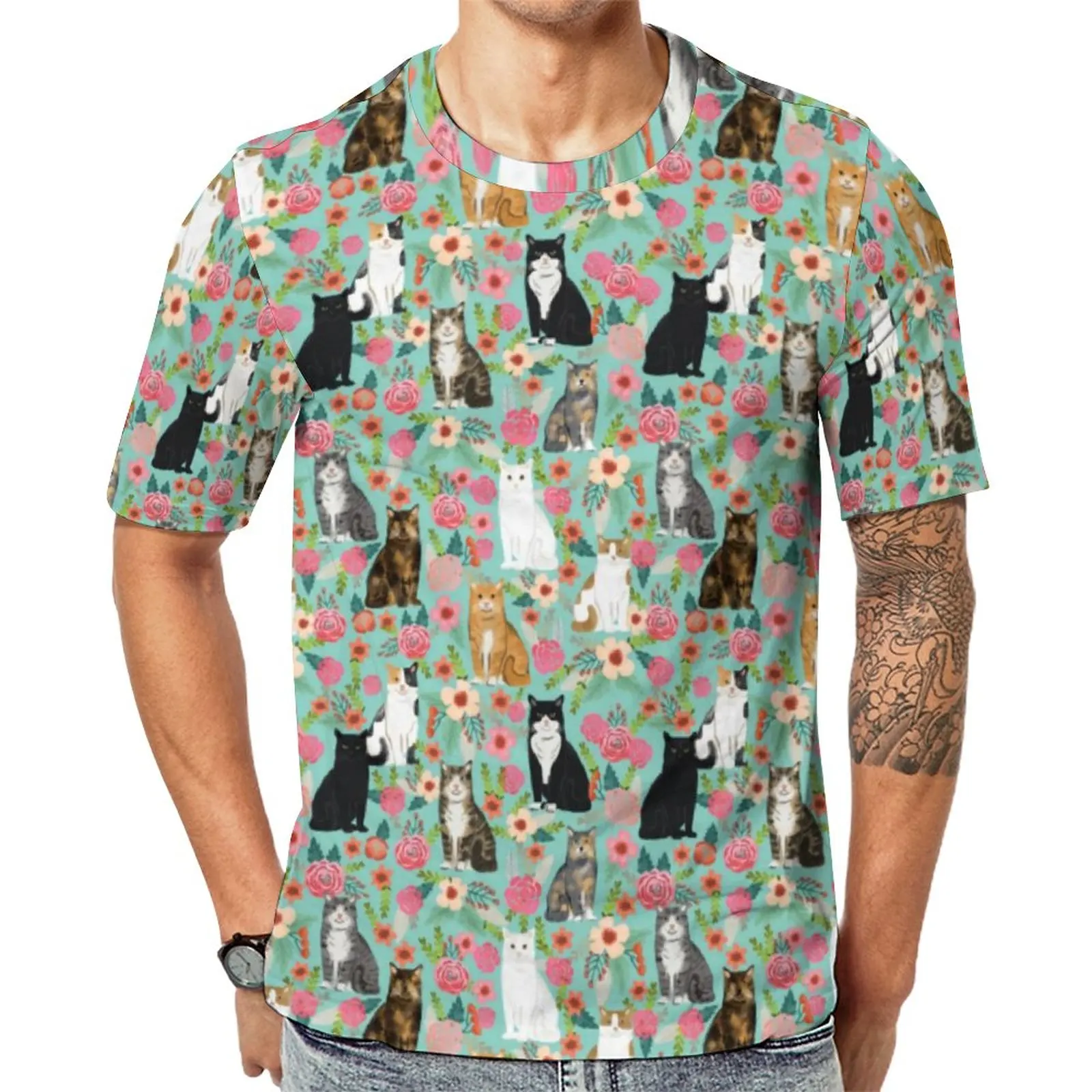 

Футболка мужская с цветочным принтом, винтажная пляжная тенниска оверсайз с короткими рукавами, с принтом кошек и цветов