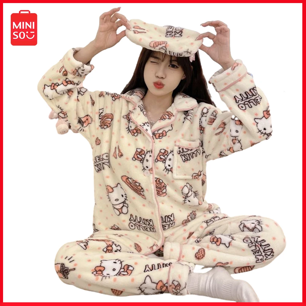 

New Miniso Kawaii Sanrio Hellokitty Pajamas Female Love Coral Velvet Fall Winter Thickened Plush Home Wear Warm Suit Clothing