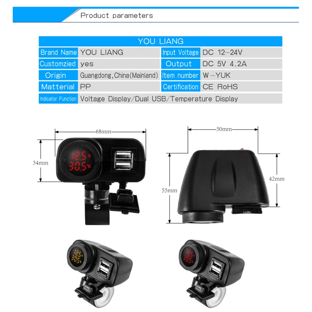 Anchtek Мотоцикл QC3.0 Dual USB Зарядное устройство для мобильного телефона Вольтметр