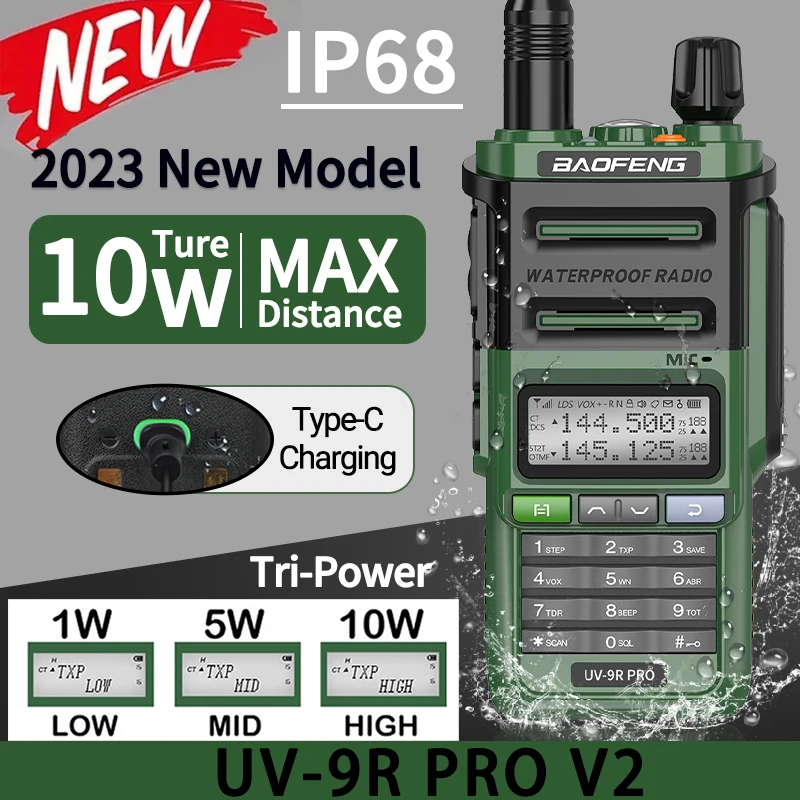 Портативная рация Baofeng UV-9R Pro V2 водонепроницаемая IP68 Type-C VHF UHF Ham дальность действия