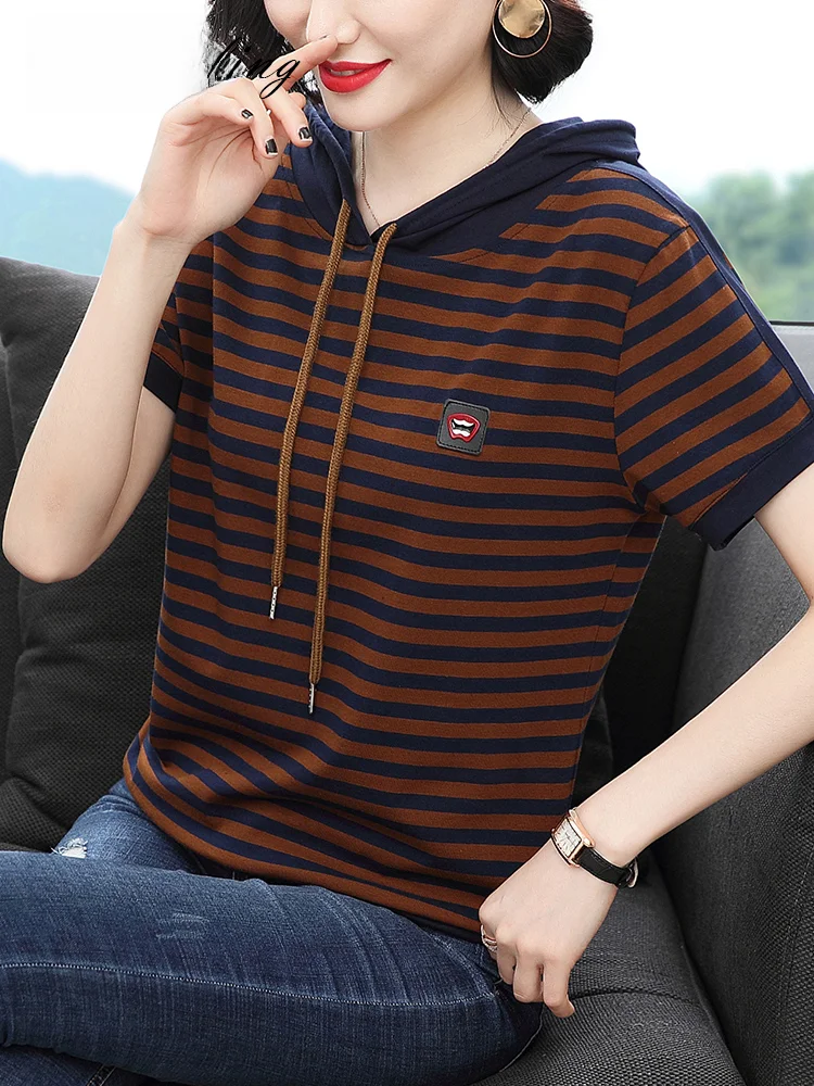 Футболка с капюшоном и коротким рукавом Женский Топ из чистого хлопка в полоску