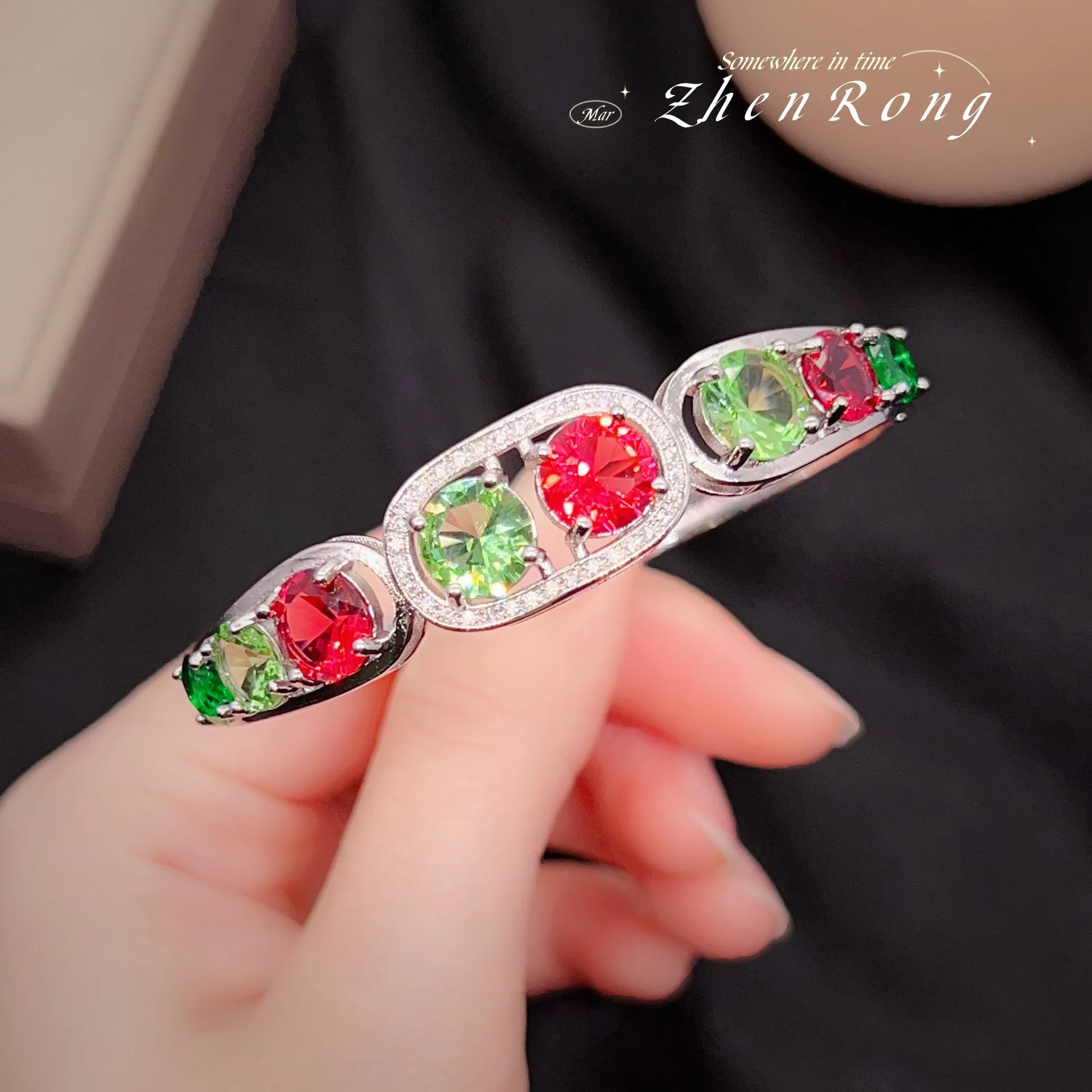 

Luxury Rainbow Candy Color Simulation Tourmaline Bracelets For Women Fashion Silver Color Inlaid Colorful Bracelet Bangles