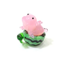creative cute pink glass pig mini figurine standing on watermelon japan style cartoon tiny animal ornament xmas decor kids gifts