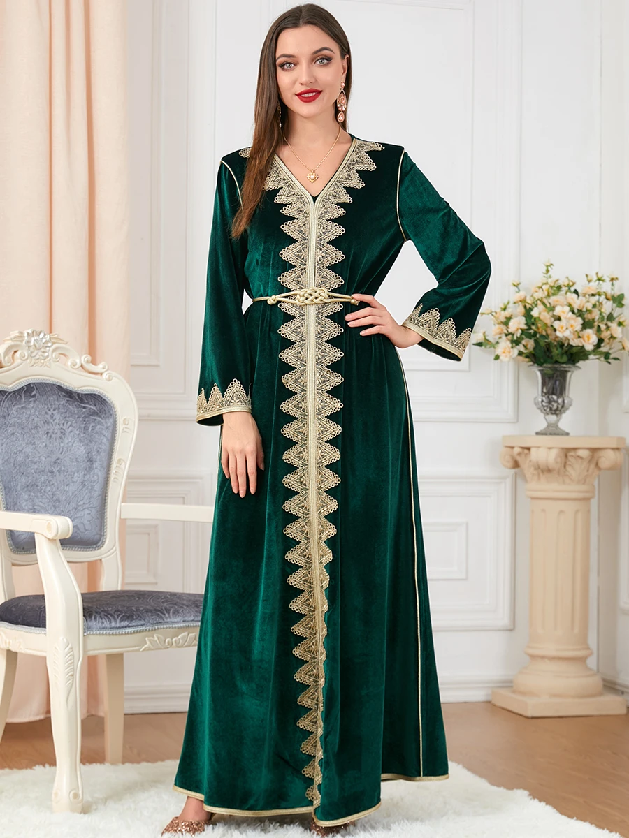 Dresses For Women 2023 Luxury Designer Abaya Floral Embroidery Guipure Lace Panel Belted Kaftan Velvet Long Sleeve Party Dresses