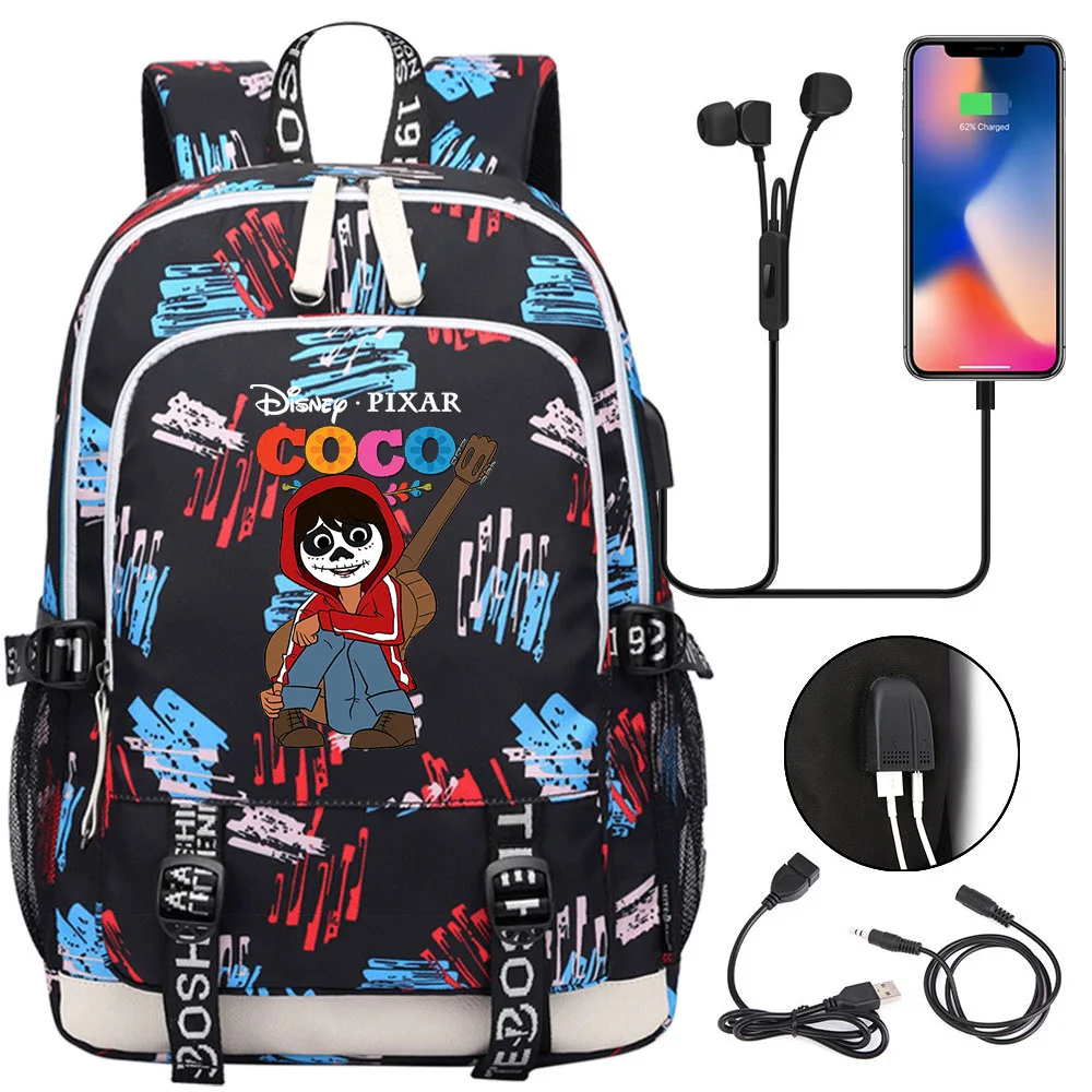 

Fashion Disney Coco School Bags Teenager USB Charging Laptop Backpack Cartoon Boys Girls Student Book Bag Mochila Travel Bag