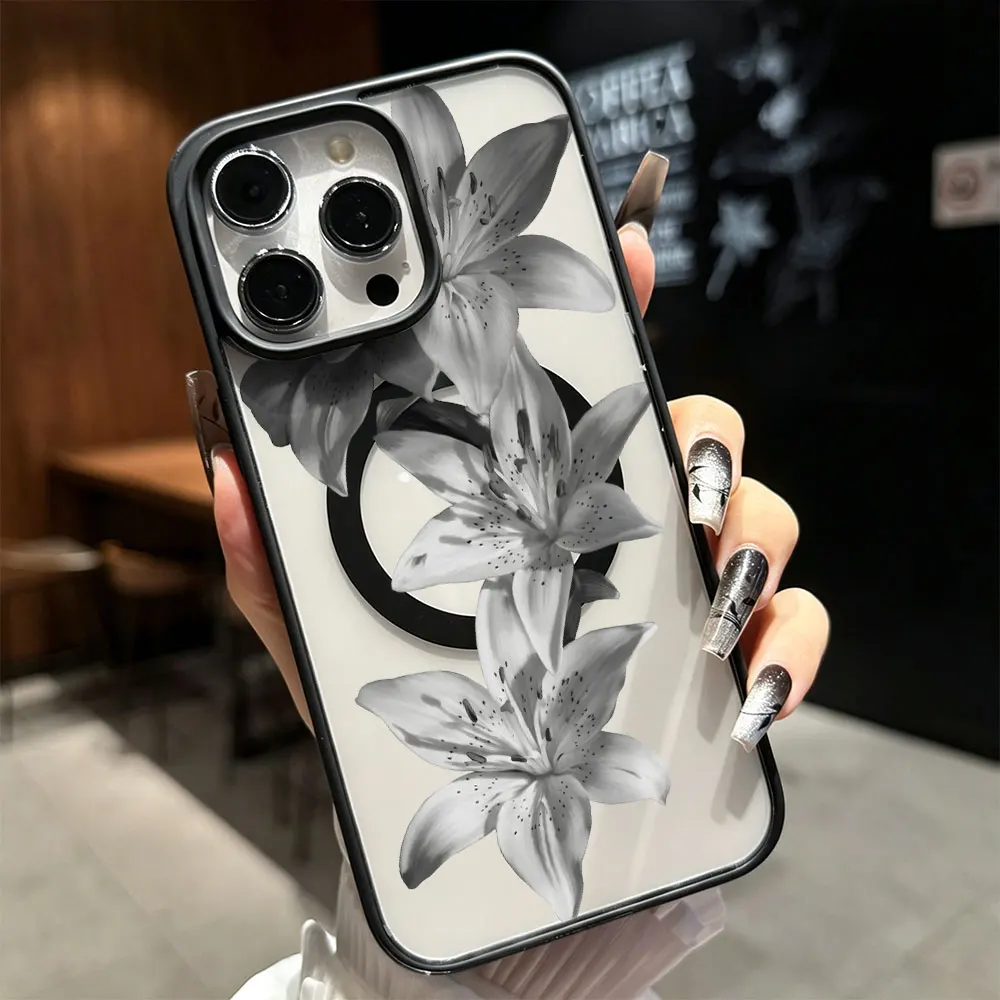 Фото Минималистичный силиконовый акриловый чехол с цветочным узором для iPhone 15, 17, 16 Pro Max, 14, 13, 12, 11, 16, 14, 15 Plus, 17 Air, черный, белый, с лилиями №3