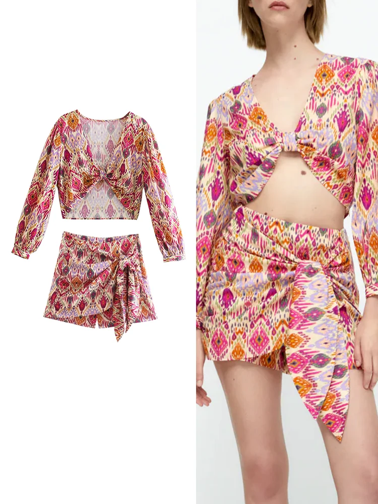 

TRAF Summer Women Print Short Top Skirt Sets 2023 New Beach Resort Style Thin Long Sleeve V-neck Bow Decoration Top Mini Skirts