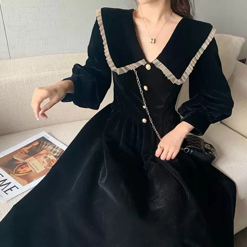 

Niggeey Vintage Black Long Dress Chic Elegant Lace Patchwork Puff Sleeve Casual Dress Ladies Korean Dresses For Women 2022