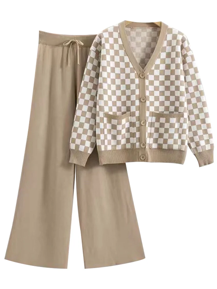 

African Set Clothes Women Cardigans Tops And Wide Leg Pants Suits Autumn New Solid Plaid Print Knitted Loose Casual African Sets