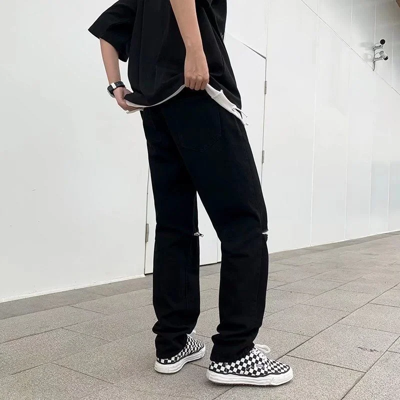 Summer Black Ripped Jeans Men Fashion Casual Straight Jeans Men Streetwear Loose Hip Hop Hole Denim Pants Mens Trousers S-3XL
