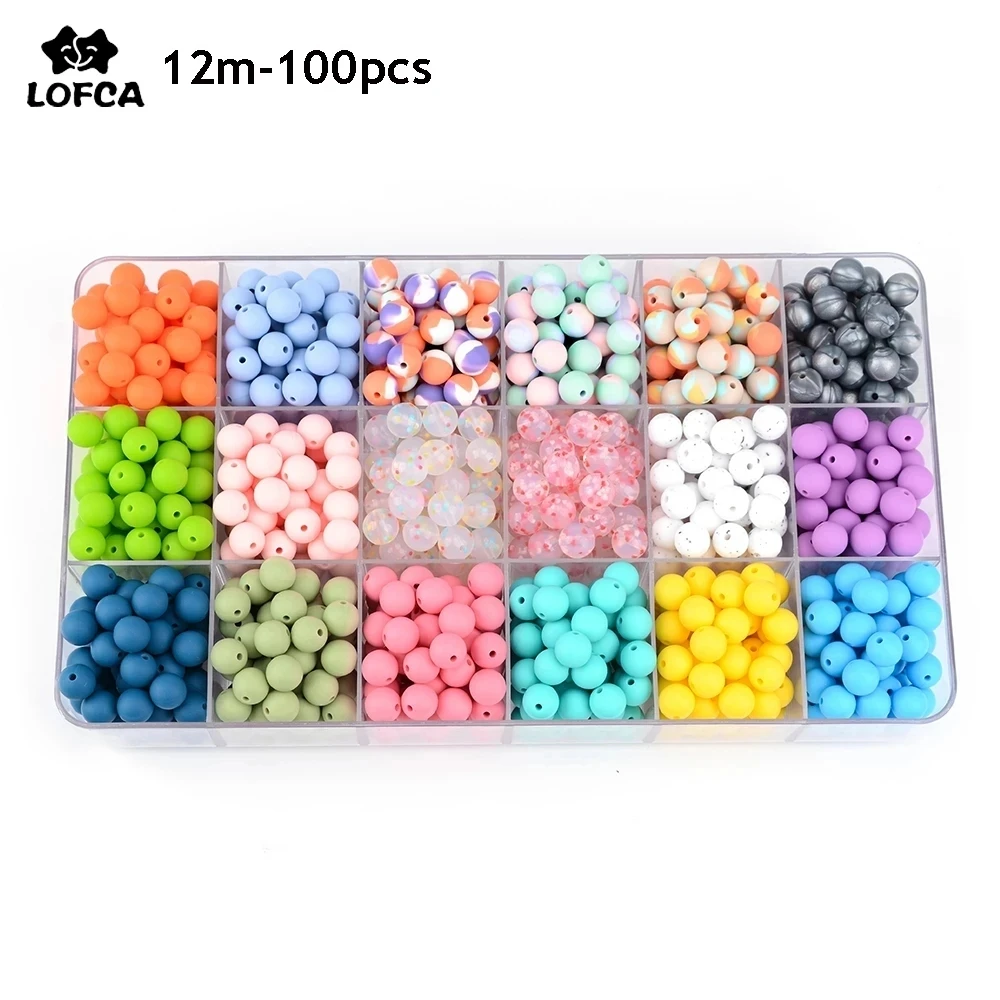 LOFCA 12mm 100pcs/lot Slicone Beads food Grade Baby Teether Round Beads Baby Chewable Teething Beads silicone teether for Diy