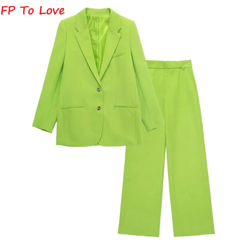 

FP To Love Women's New National Green Straight Casual Suit Jacket Suit High Waist Casual Pants Trousers Suit