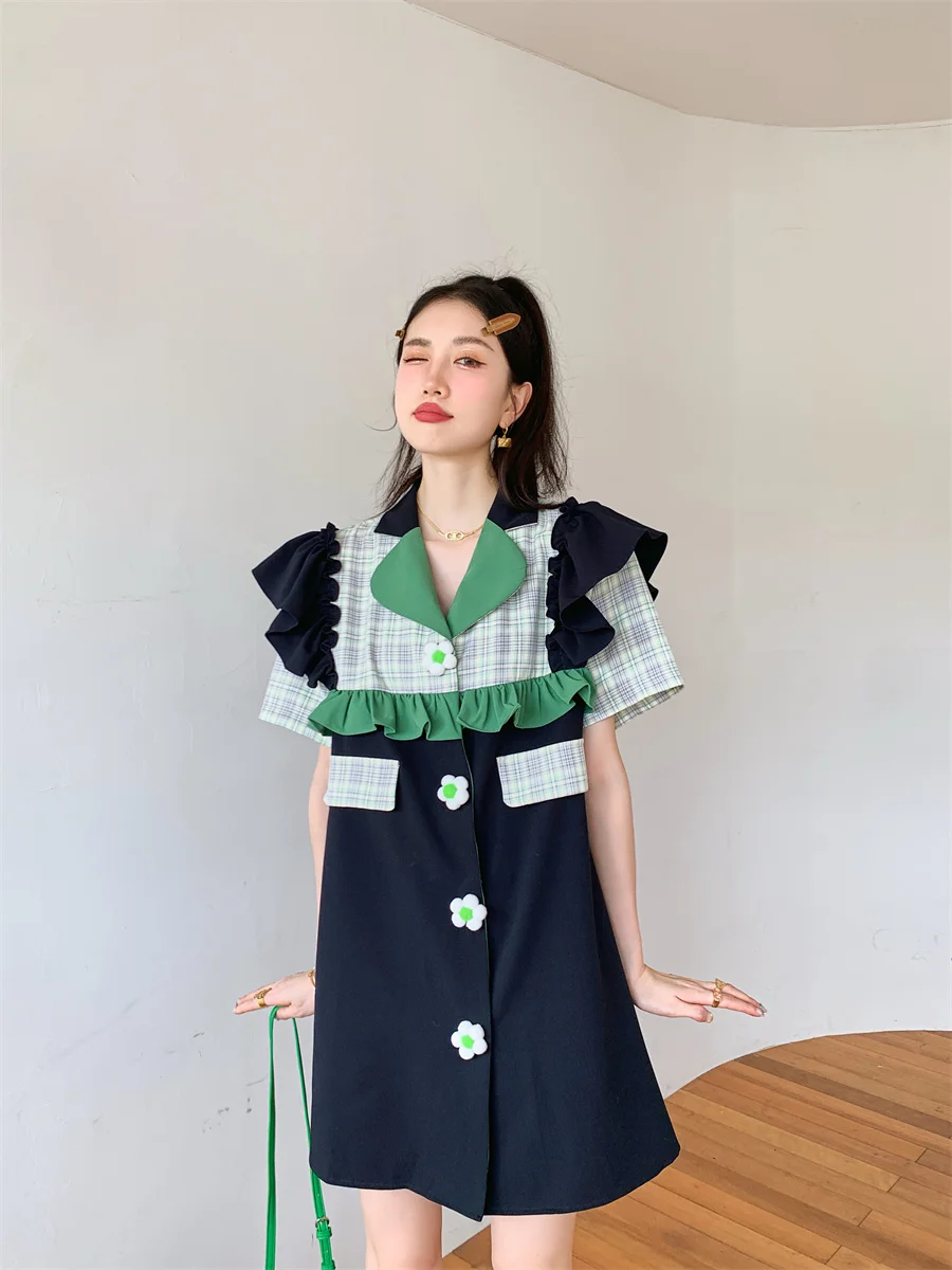 

SuperAen 2022 Splicing Suit Summer Thin Original Notched Straight Casual Flounced Edge Knee-Length Dress for Women