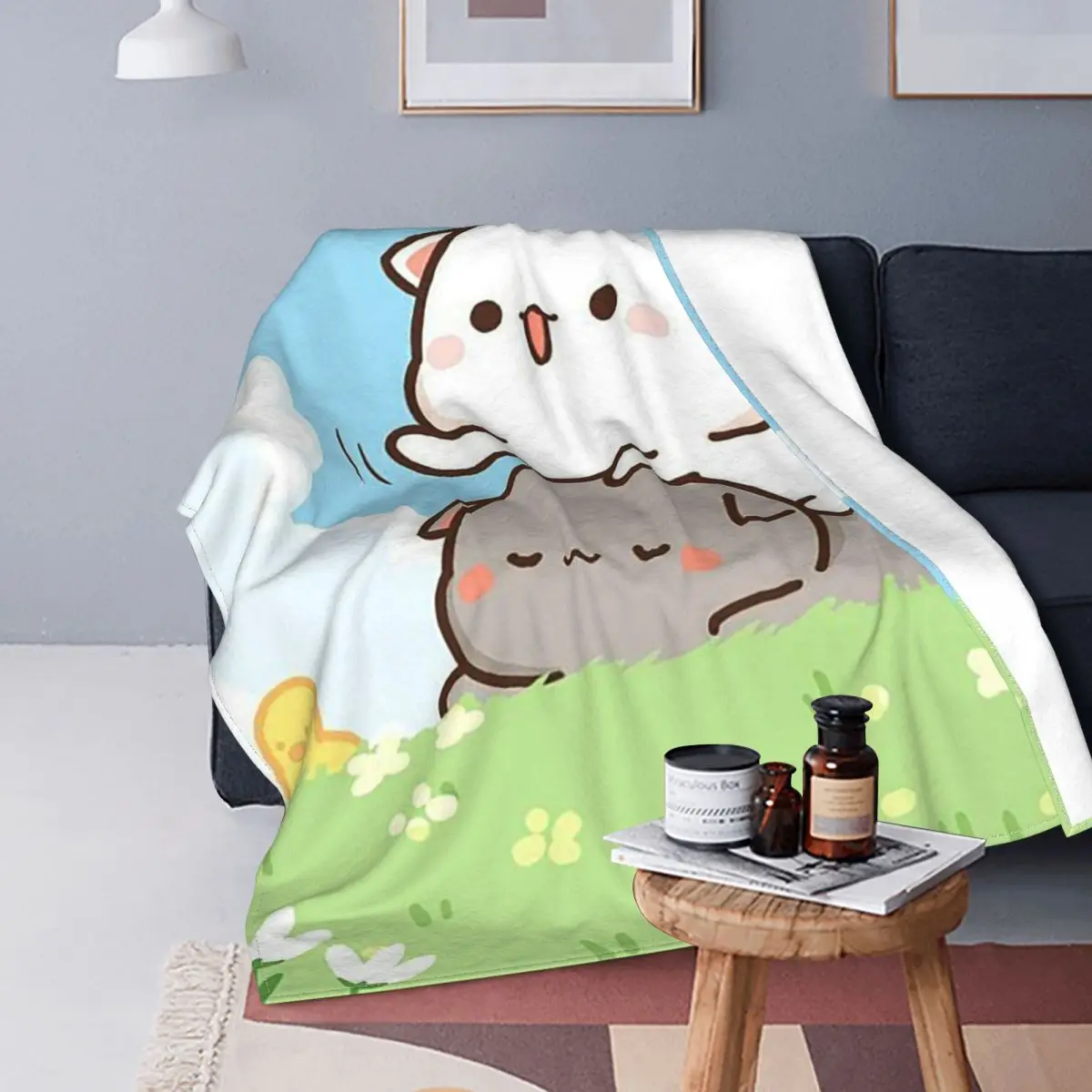 

Peach And Goma Mochi Cat Blanket Flannel Textile Decor Multifunction Super Soft Throw Blankets for Sofa Car Rug Piece