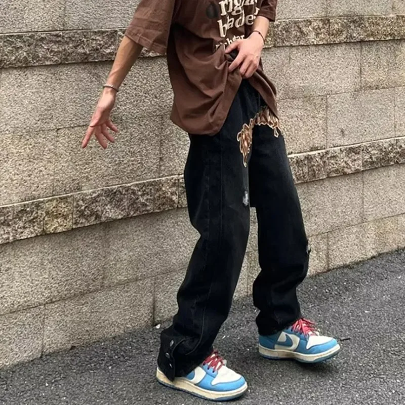 2022 New Fashion Black Streetwear Baggy Men Wide Jeans Pants Y2K Letter Embroidery Ripped Hole Straight Hip Hop Denim Trousers