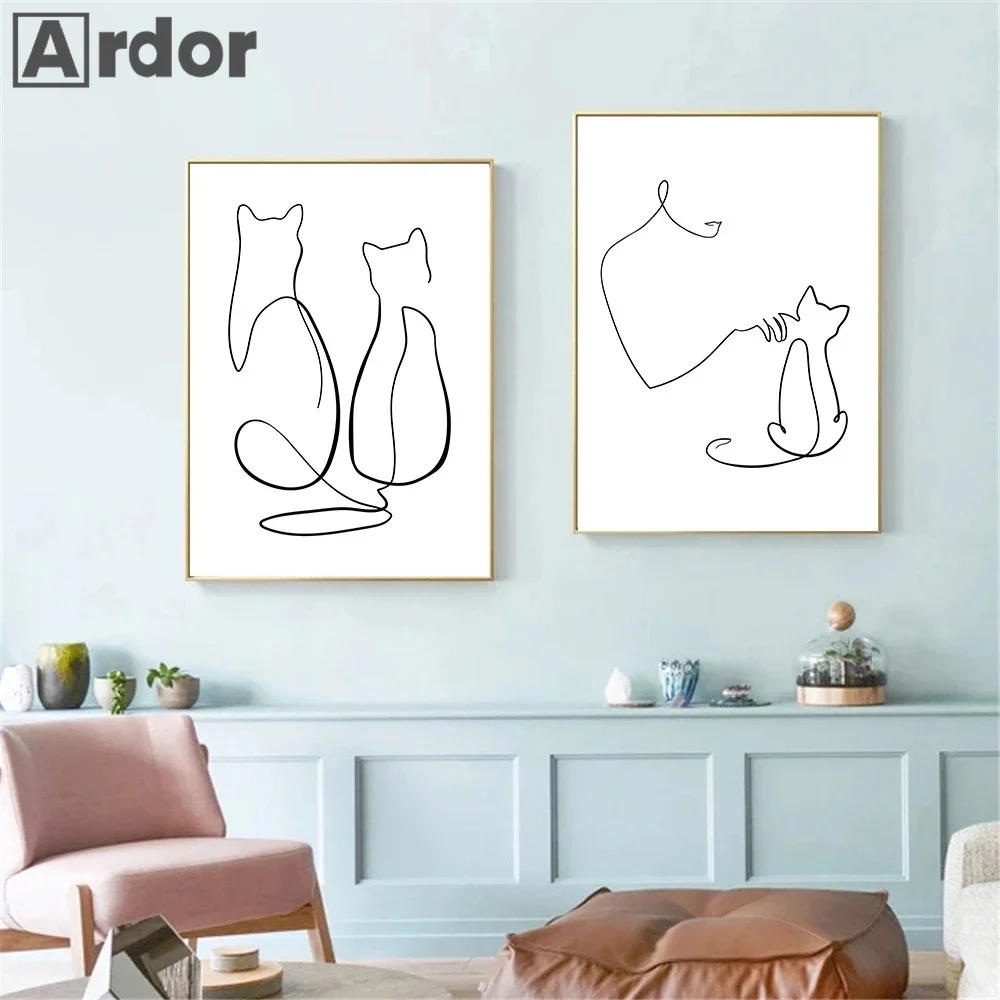 

Two Cats Single Line Drawing Poster Canvas Painting Abstract Cat Wall Art Print Minimalist Wall Picture for Living Room Decor
