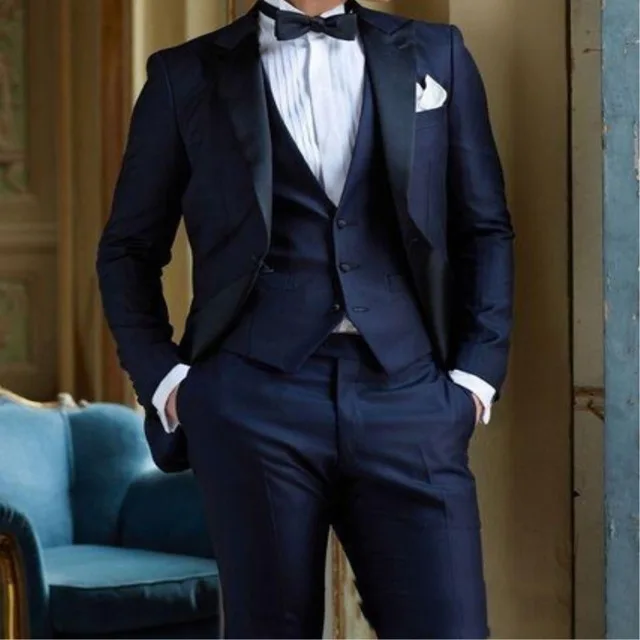 

2022 Navy Blue Suits For Men Wedding Groom Men Suit Tuxedos Mens Terno Masculino Blazers For Man 3 Pieces (Jacket+Pant+Vest+Tie)
