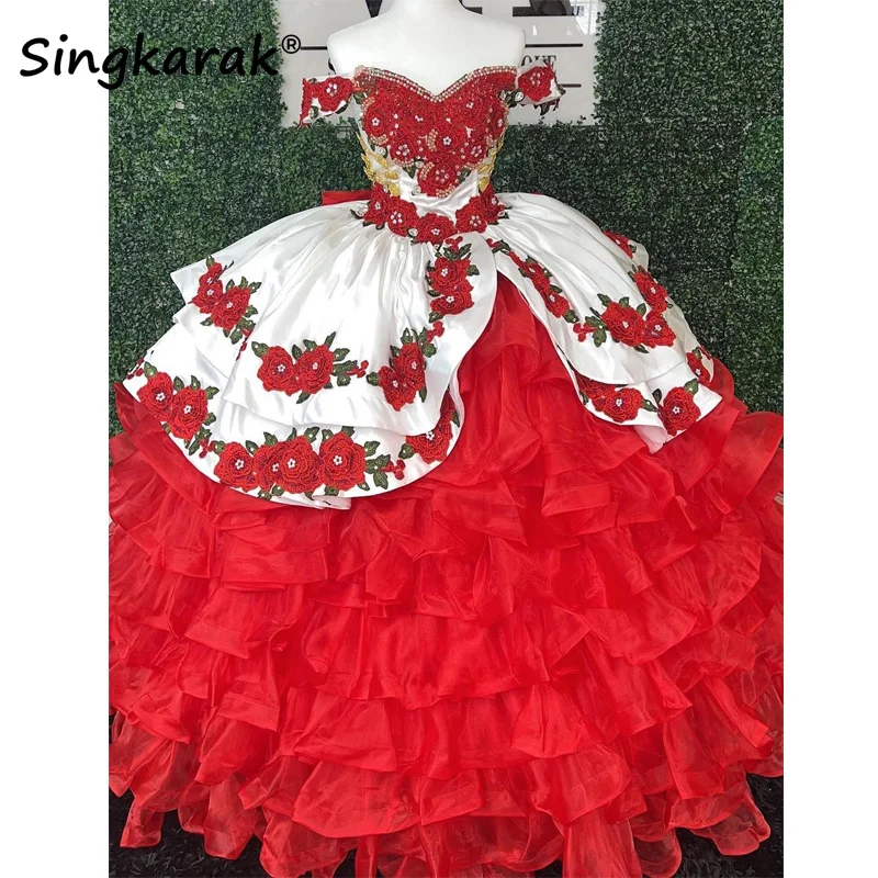

Luxury Mexico Flowers Ball Gown Quinceanera Dresses With Bow Ruffle Beads Crystals Pearls Sweet 16 Dresses Vestidos De 15 Años