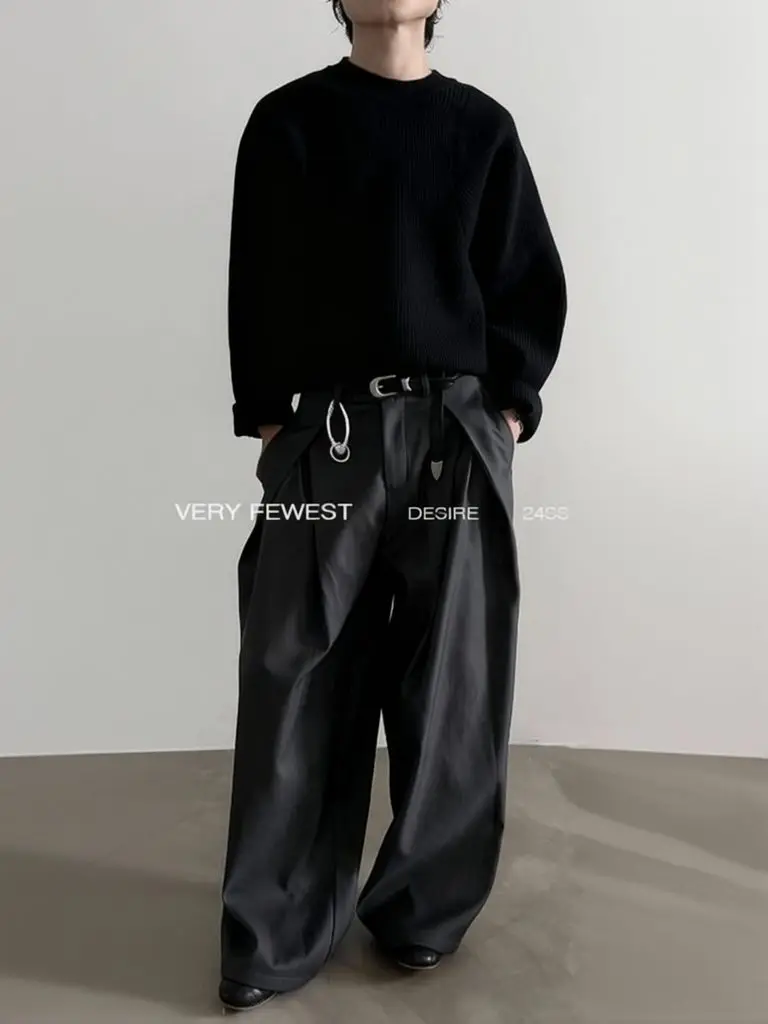 Фото Мужские брюки Harajuku Work Wear: широкие, плиссированные, прямые, длинные, для бизнеса и повседневной носки, в стиле стритвир, свободные, мешковатые №3