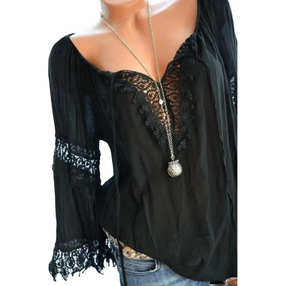 

Autumn Elegant Hollow Lace Stitching Solid Color Women Long Sleeve Shirt Top