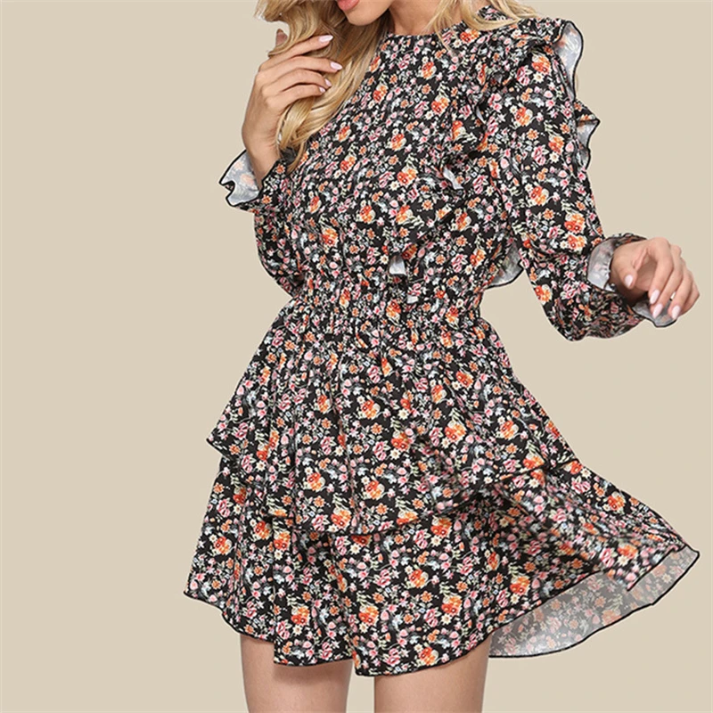 

2023 Southpire Elegant O-neck Long Sleeve Ruffled Floral Print Party Dresses For Women Vintage A-line Short Sundress