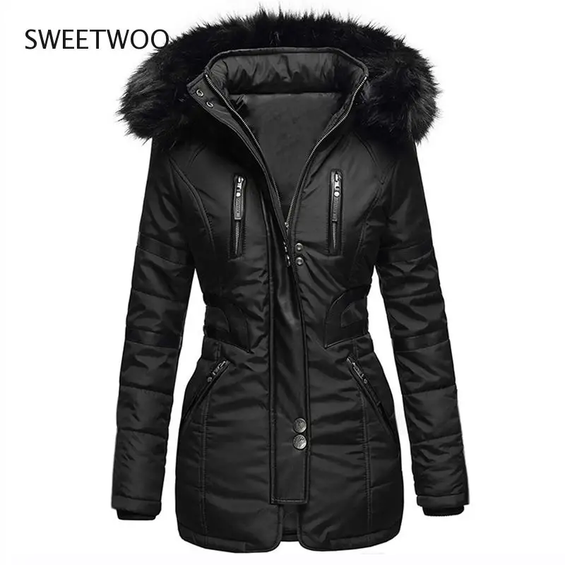 Spring Autumn Jacket Ladies Parka Coat Fur Collar Jacket Slim Zipper Hooded Jacket Female Solid Color Jacket Large Size Tide