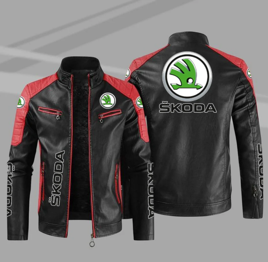 Car SKODA Logo Mens Fashion Leather Jacket Slim Fit Stand Collar PU Jacket Male Anti-wind Motorcycle Lapel Diagonal Zipper Jacke