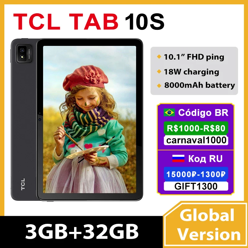 

Планшет глобальная версия TCL TAB 10S, 10,1 дюйма, FHD IPS, 8000 мАч, 3 Гб/32 ГБ, MT8768E, Wi-Fi, 8 Мп, AF, 5 Мп, FF, Android 10, 1 TF-карта, Office