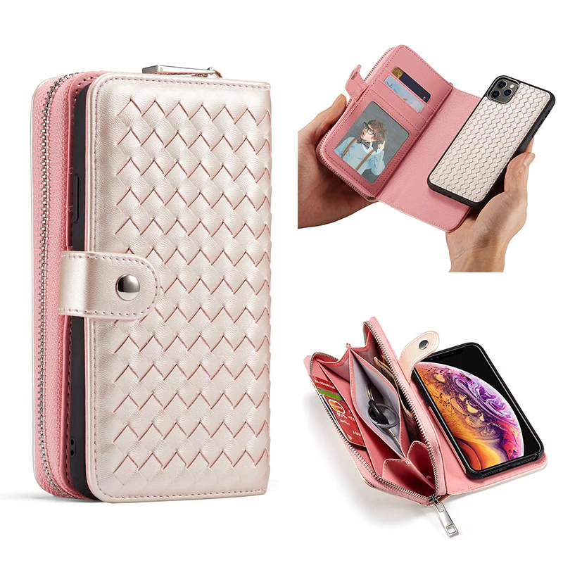 

Многофункциональный плетеный кожаный чехол-кошелек Haissky для iPhone 11 Pro Max X XR Xs Max 8 7 6 6S 5 SE 2020, женская сумочка-кошелек