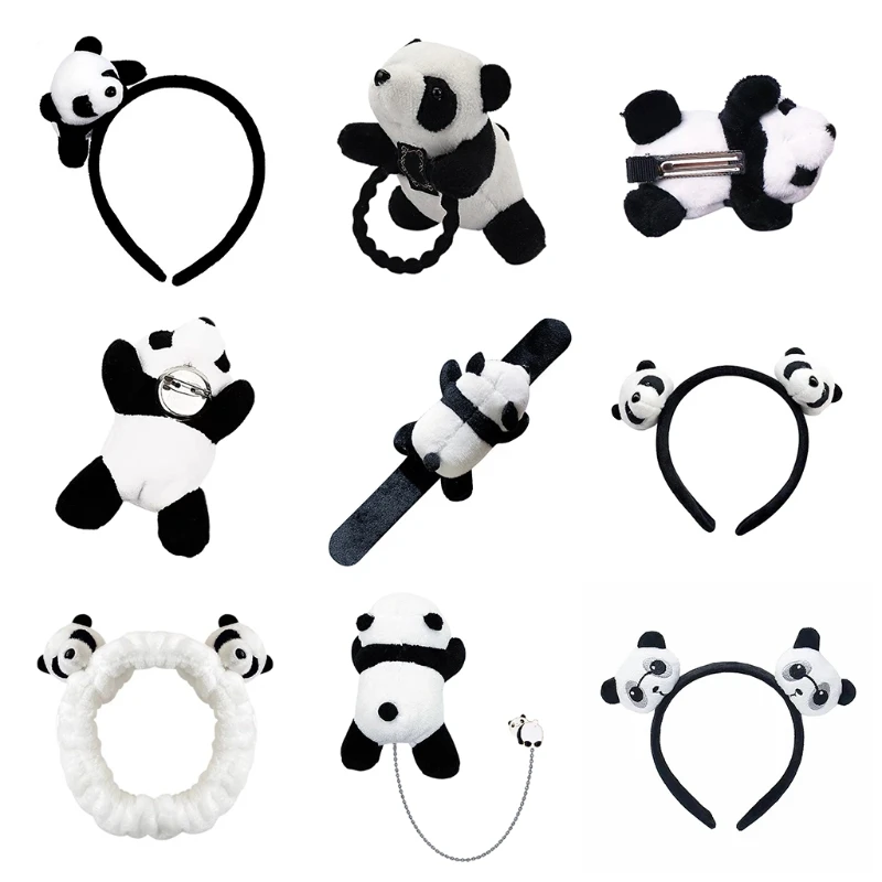Cute Panda for Head Hoop Elastic Headband Fluffy Hair Tie Clips Brooch Wristband