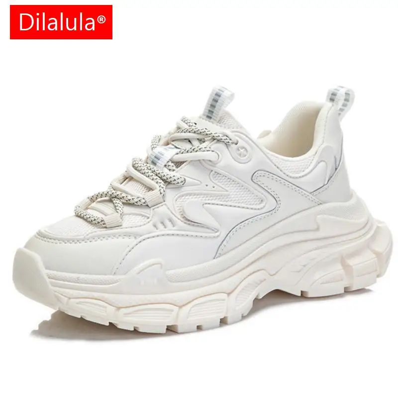 

Dilalula 2023 Spring Summer Women Sneakers Genuine Leather Lace-Up Platforms Thick Heels Leisure Students Sports Shoes Woman