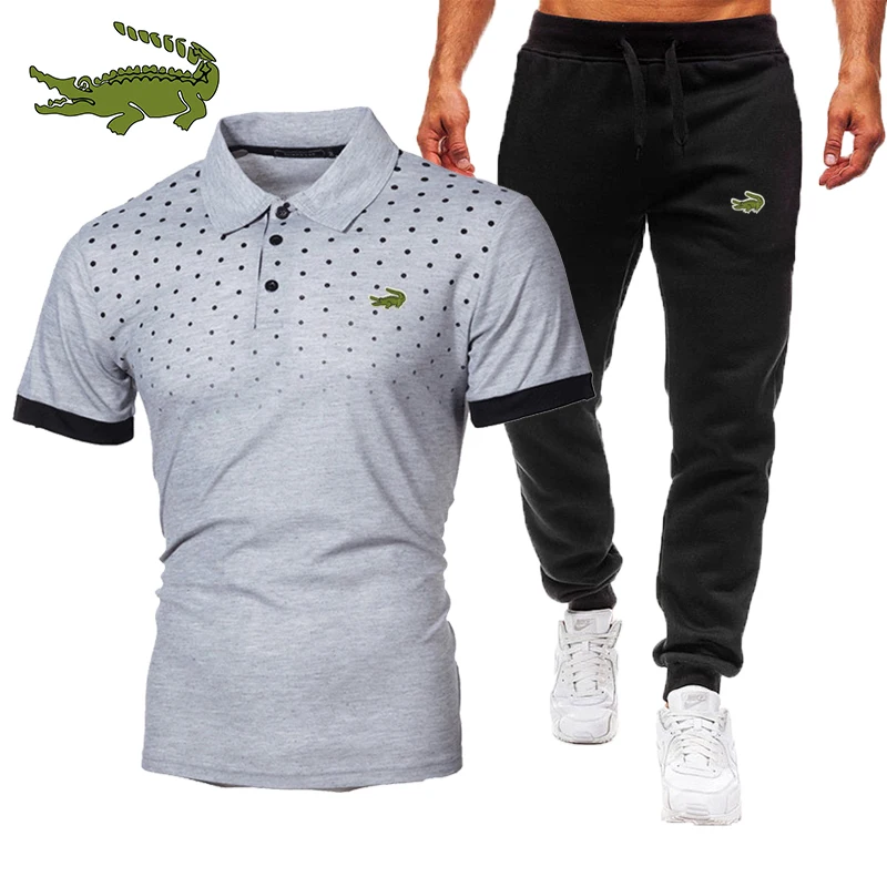

High quality men's business casual print Lapel COTTON POLO Shirt Short Sleeve T-Shirt + sports pants set